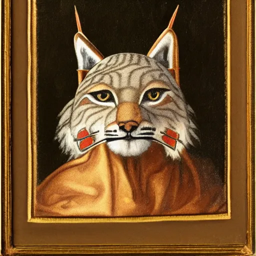 Image similar to renaissance style portrait of an lynx wearing a crown and a cape, dark background