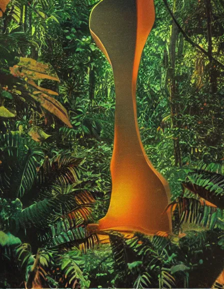 Image similar to vintage color photo of a giant 1 1 0 million years old abstract sculpture made of light beams and liquid gold in the jungle
