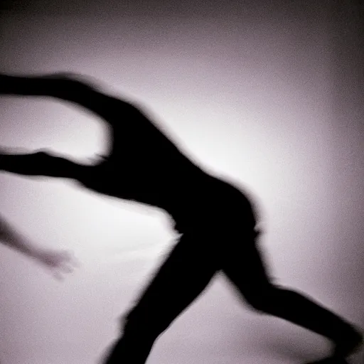 Prompt: a smudged, grainy and blurry photograph showing the whole body of a man dynamically and frenetically dancing in a dark room, taken with soviet flash camera at slow shutter speed