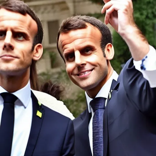 Prompt: a huge monster taking a selfie with macron