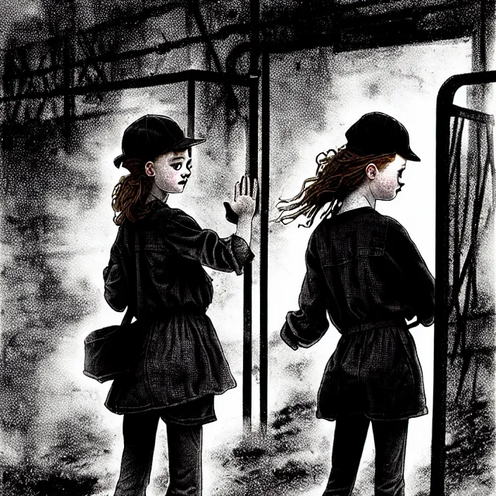 Image similar to sadie sink in dirty workmen clothes waves goodbye to workmen. near a gate. background : factory, dirty, polluted. technique : black and white pencil and ink. by gabriel hardman, joe alves, chris bonura. cinematic atmosphere, detailed and intricate, perfect anatomy