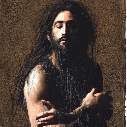 Image similar to a portrait of jesus wearing jerry lorenzo streetwear by nicola samori, oil painting, realistic, 8 k, fear of god style