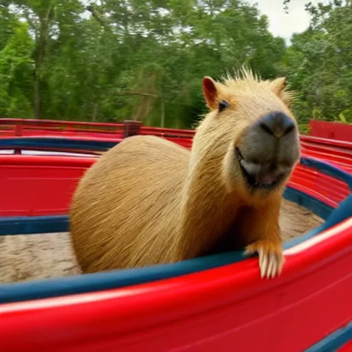 Prompt: a capybara riding a roller coaster