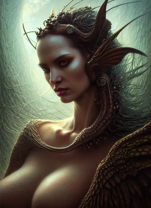 Image similar to closeup portrait shot of a succubus in a scenic dystopian environment, intricate, elegant, highly detailed, centered, digital painting, artstation, concept art, smooth, sharp focus, illustration, artgerm, tomasz alen kopera, peter mohrbacher, donato giancola, joseph christian leyendecker, wlop, boris vallejo