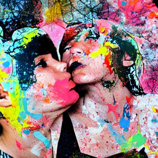 Image similar to double exposure of two women kissing ( closeup ) and a bizarre painting, lomography. this photograph is subsequently printed out and splattered with paint. mixed media collage art with magazines and found art