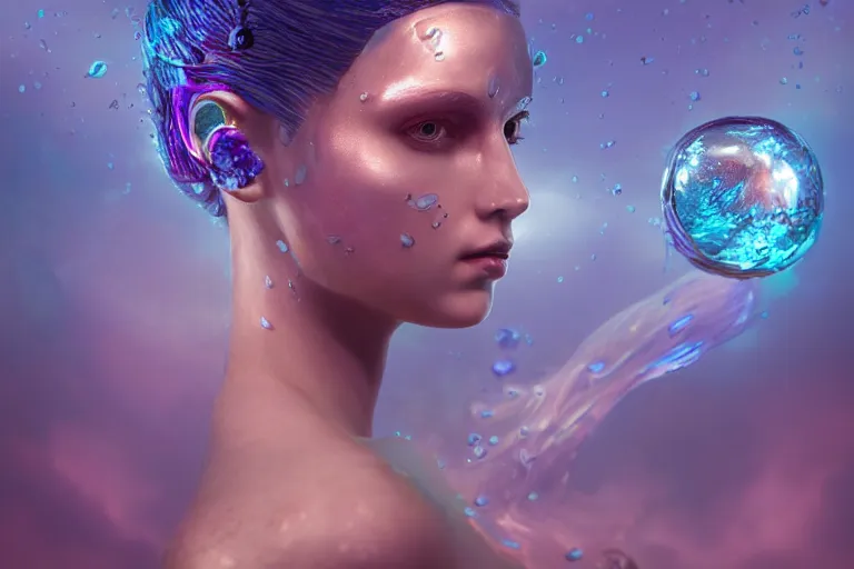 Prompt: tom bagshaw inspired, ultra realist waves miniature glass baubbles underwater curiosities reflections and refractions corals carnival, a beautiful female in full underwater armor, symmetry accurate features, focus, very intricate ultrafine details, blue purple aqua colors, award winning masterpiece, octane render 8 k hd