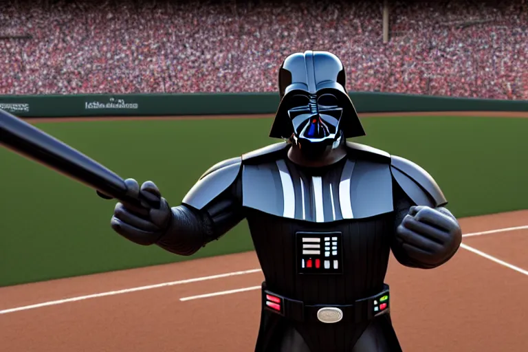 Image similar to Darth Vader at a baseball game holding a bat. 3d rendering, toy story style, pixar style, far view.