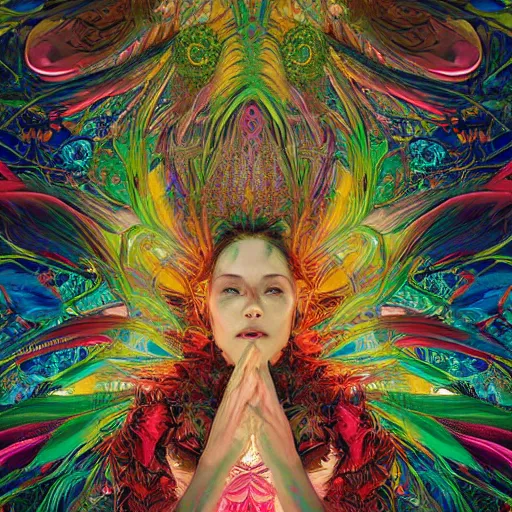 Image similar to A reality bending psychedelic ayahuasca experience, colorful, distorted, surreal, tropical bird feathers, dramatic lighting on the face, intricate, elegant, highly detailed, digital painting, concept art, smooth, sharp focus, illustration, art by Krenz Cushart and Wayne Barlowe and alphonse mucha