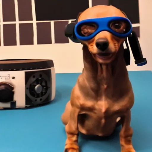 Prompt: dachshund dog wearing vr headset and htc vive trackers recording motion capture