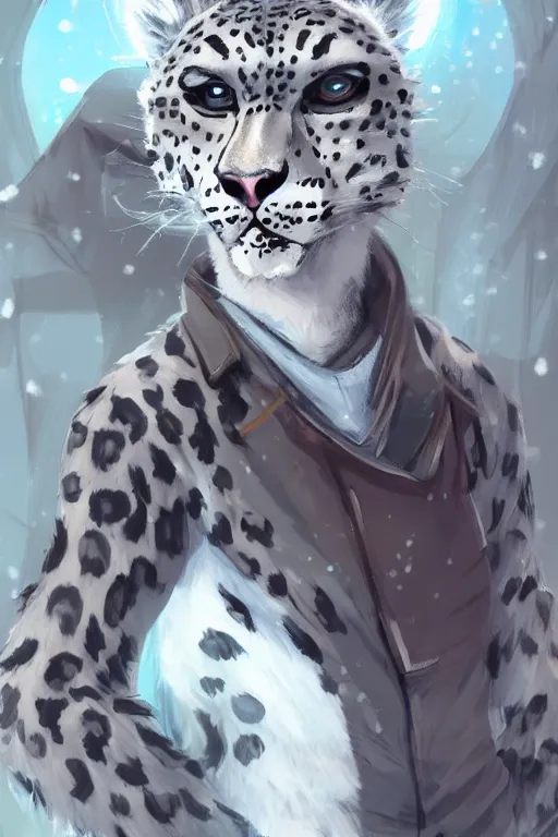 Image similar to anthropomorphic snow leopard scientist, trending on artstation, trending on furaffinity, digital art, by kawacy, anime, furry art, warm light, backlighting, cartoon, concept art, cyberpunk