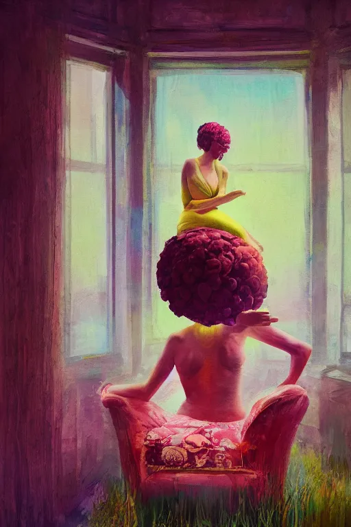 Image similar to closeup, huge flower head, woman sitting on lounge chair by a tall window, surreal photography, studio light, impressionist painting, digital painting, artstation, simon stalenhag