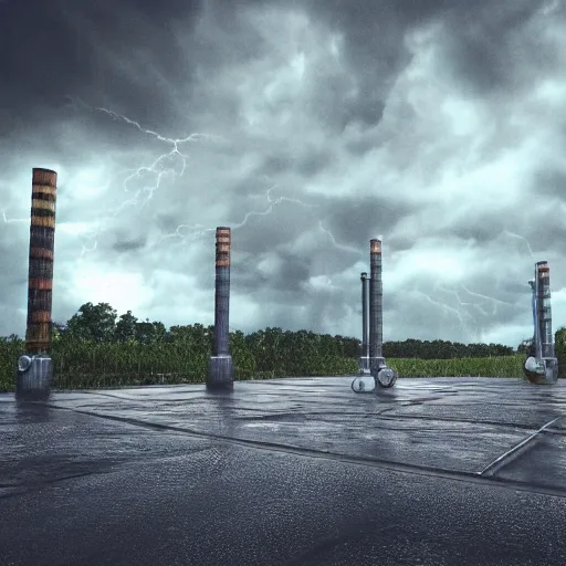 Image similar to Stormy sky with thunders, pipes and vaults system in the background, depth of field, blueshift render, photorealistic