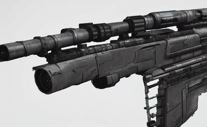 Image similar to extremely detailed side view of a sci fi rifle, chemically propelled, railgun, bullpup, with tubes and wiring, ultra quality, realistic, octane render, call of duty, warframe, deviantart