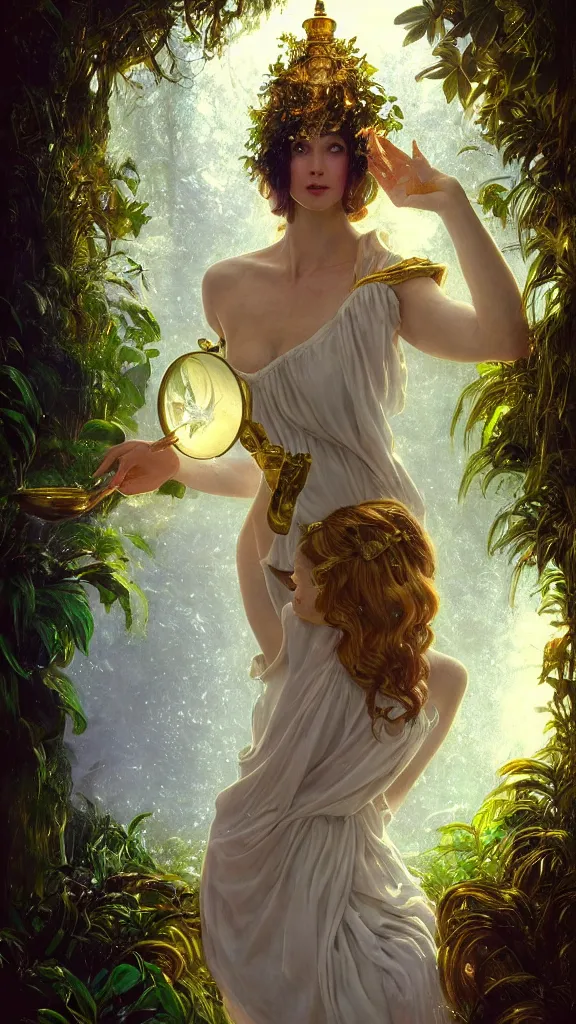 Image similar to hyper realistic photographer looking through a vintage medium format camera, taking pictures, magic pouring from lens, fantasy castle, full body waterfall water dress, design on white background, beautiful details, lush foliage cyberpunk, gold, drawn by john singer sargent, tom bagshaw, norman rockwell, alphonso mucha, lolish, trending on artstation