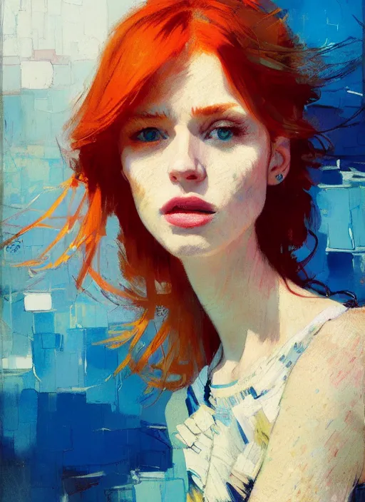 Prompt: portrait of a beautiful girl, redhead, shades of blue, warm colors, beautiful face, rule of thirds, intricate outfit, spotlight, by greg rutkowski, by jeremy mann, by francoise nielly, by van gogh, digital painting