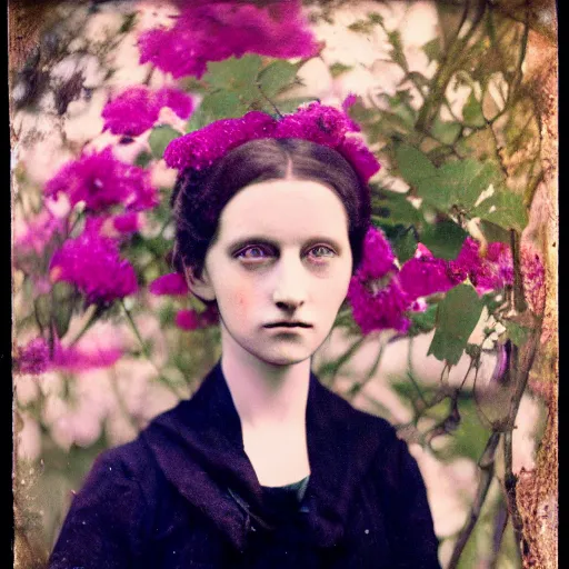 Image similar to portrait photograph of a very beautiful female model. symetric face. in a garden. flowers. autochrome Louis Lumières. detailed eyes. medium shot