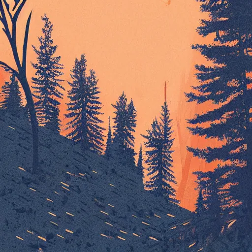 Image similar to forest fire in the Rocky Mountains, by Olly Moss, graphic design