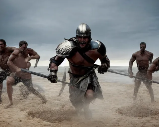 Prompt: spartan sprinting on australian beach, epic award winning action cinematic still from the movie 3 0 0, noon lighting, unarmed