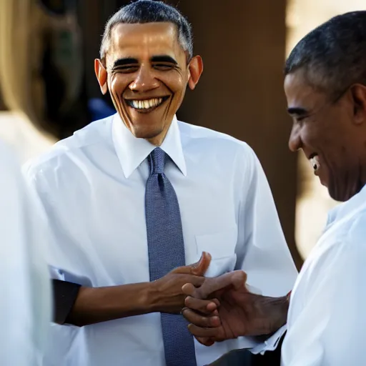 Image similar to Obama smiling and selling you very expensive cheese, 40nm lens, shallow depth of field, split lighting