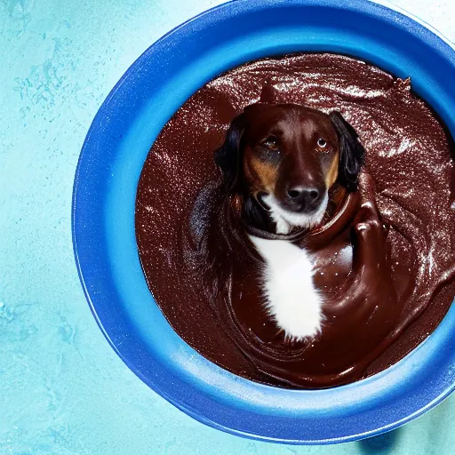 Prompt: photo of dog swimming inside tub of chocolate pudding