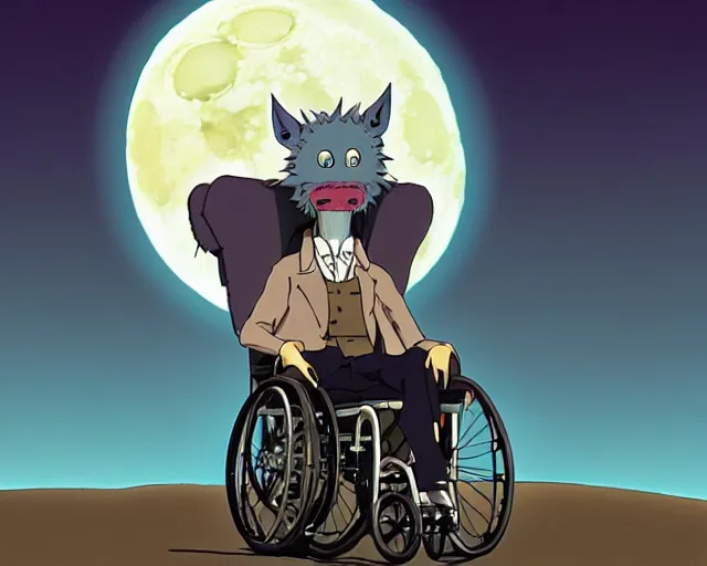 Image similar to a cell shaded cartoon grey lovecraftian wolfman in a wheelchair from howl's moving castle ( 2 0 0 4 ), with a big head, on a desert road, wide shot, in front of a big moon, muted colors, post grunge, studio ghibli, james jean, victor ngai, hq, deviantart, art by artgem