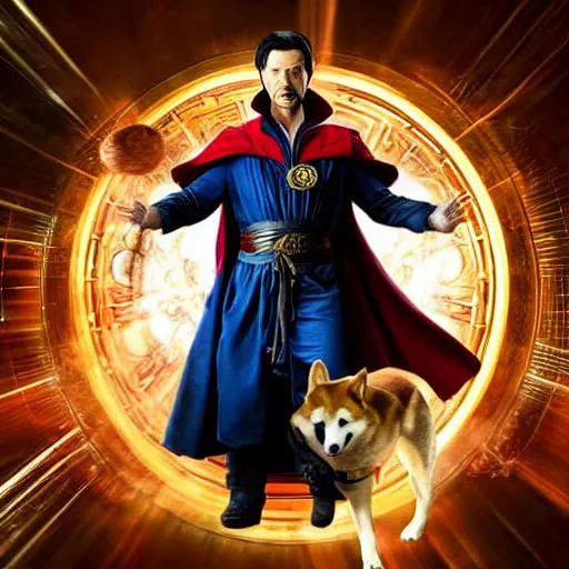 Image similar to dr. strange casting a shield spell in the metaverse with a shiba inu at his feet, hyper realistic, highly detailed, perfect face, smooth, focus, movie still, cinematic