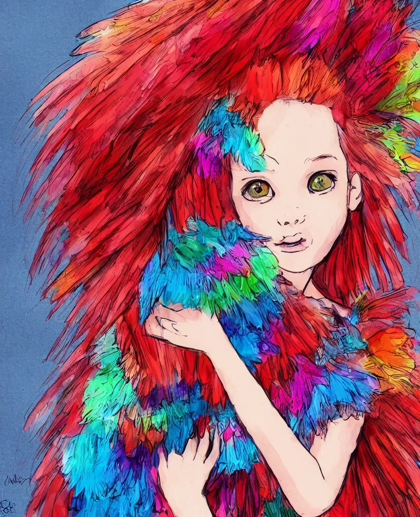 Image similar to little girl with eccentric red hair wearing a dress made of colorful feathers, concept art, smooth, cartoon art style