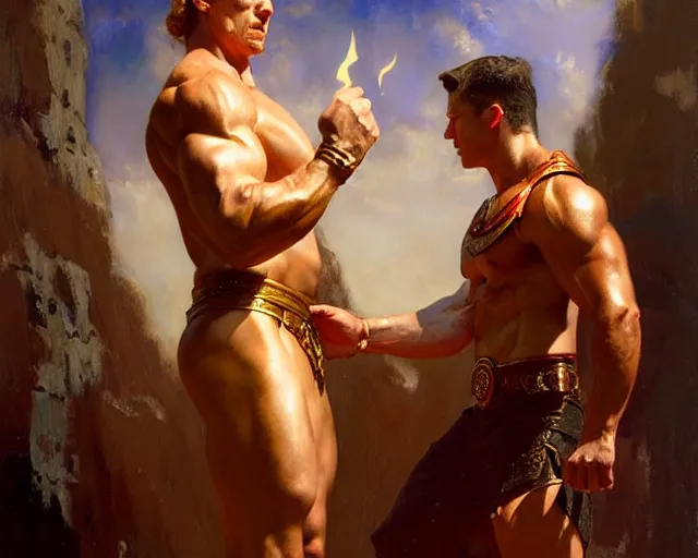 Prompt: regal magician man, casting light magic, summoning a muscular god. highly detailed painting by gaston bussiere, craig mullins, j. c. leyendecker 8 k