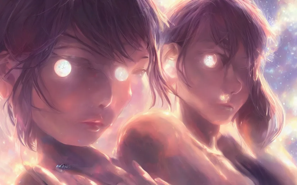 Image similar to A realistic anime portrait of a beautiful cosmic twins with glowing void eyes and cosmic skin wearing clothes made of galaxies, digital painting, by Stanley Artgerm Lau, Sakimichan, WLOP and Rossdraws, digtial painting, trending on ArtStation, SFW version