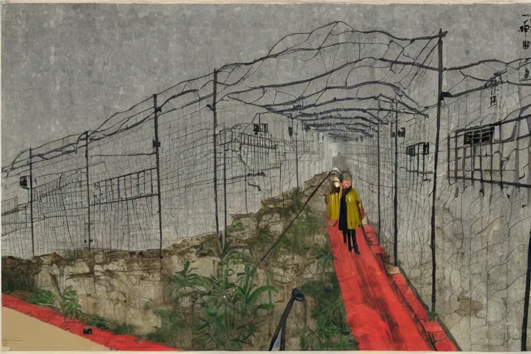 Image similar to a chinese prison near a river by peter doig, overlaid with chinese adverts