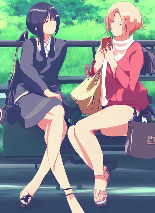 Prompt: two beautiful mothers waiting at a bus stop, summer clothes, gorgeous faces, smooth, thick lines, cinematic lighting, detailed anime art