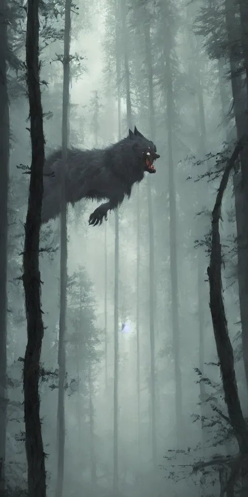 Image similar to a painting of a big werewolf in a foggy dense forest by greg rutkowski, dark fantasy art, high detail, trending on artstation