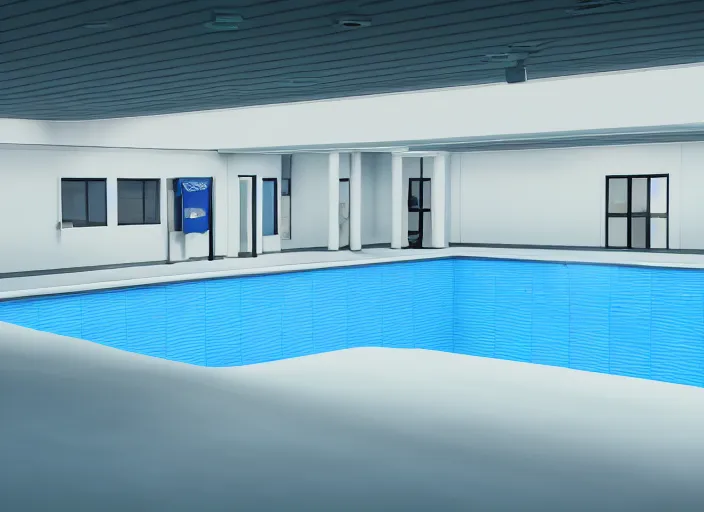 Prompt: cctv footage of a large white empty breakroom with a swimming pool, retrofuturist liminal space, familiar place, clean, black mold, amateur, unreal engine, photorealistic, trending on artstation