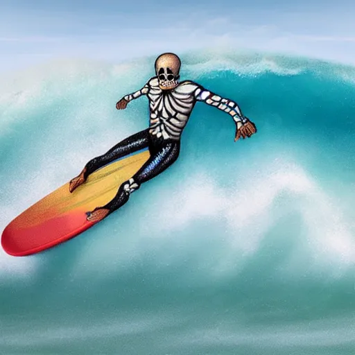 Image similar to photorealistic skeleton surfing over a wave