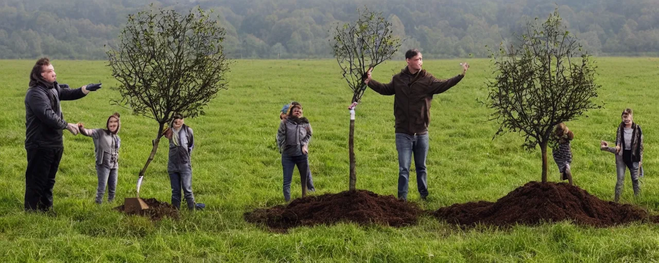 Image similar to Anthropomorphic tree planting humans in a field