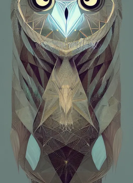 Image similar to portrait of a geometric owl, identical eyes, medium shot, illustration, full body made of white feathers, symmetrical, art stand, super detailed, cinematic lighting, and its detailed and intricate, gorgeous, by peter mohrbacher