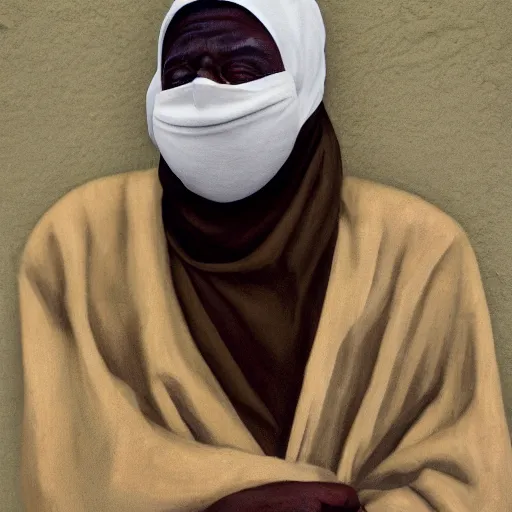 Prompt: the healing of a metaphorical man wearing a white balaclava, healing, appeasing, infinite urban desert, a city made of sand, guerilla, photojournalism, war photography, brown desert, minimalist, oil painting, by francis bacon, emotional conflict, hd, 8 k