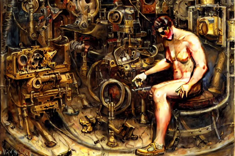 Image similar to male repairing machine, dieselpunk, painting by gaston bussiere, craig mullins, j. c. leyendecker, tom of finland