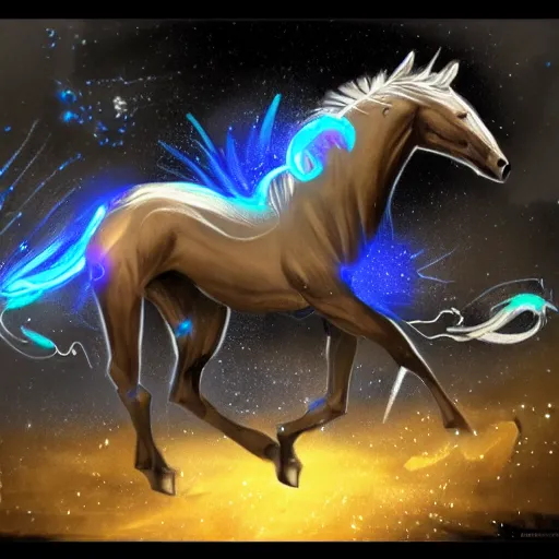 Image similar to cybernetic neo - equine mind transfer : horse - like creatures running impossibly fast through the night, reveling in their machine - aided grace and supremacy over any natural creature, furaffinity