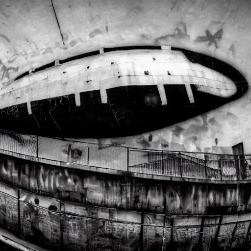 Image similar to a brutalism dark photo of an airship full of graffiti