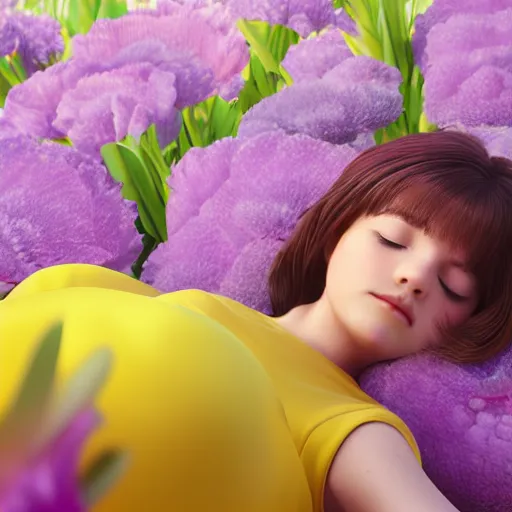 Prompt: girl sleeping on a big flower, 3 d render, incredible details, highly detailed, photorealistic, disney pixar, smooth, octane render, iridescent, 8 k