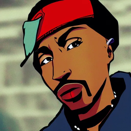 Image similar to Tupac Shakur, screenshot from a 2012s anime