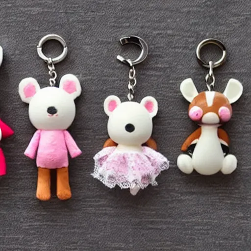 Image similar to some cute plastic toys that look like animal characters hanging from a keychain, laying onto of a doily, white, cream, and light pink