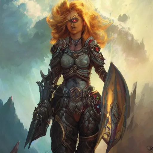 Image similar to portrait of a beautiful female cyclops as an evil paladin in full shining armor, oil painting, digital painting, intricate detail, charcol sketch, artwork by ross tran + craig mullins + raymond swanland, background artwork by steven outram