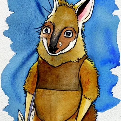 Prompt: watercolor sketch of a story book kangaroo in the style of disco elysium