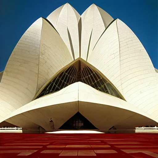 Image similar to futuristic lotus temple space station with gold, red and white marble panels, by buckminster fuller and syd mead, intricate contemporary architecture, photo journalism, photography, cinematic, national geographic photoshoot