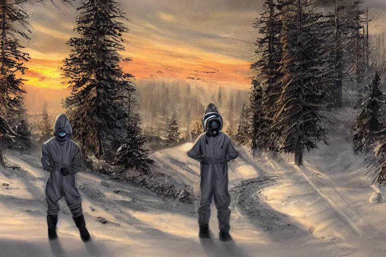 Image similar to ryan church jon mccoy concept art mood painting man wearing grey hazmat suit gp - 5 gas mask sitting against concreate wall snow covered field watching the beautiful winter sunrise burning ruins in background forest