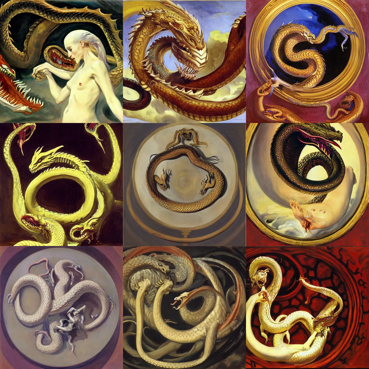 Prompt: ouroboros, a serpent or dragon eating its own tail, cycle of life death and rebirth, john singer sargent, detailed oil on canvas painting