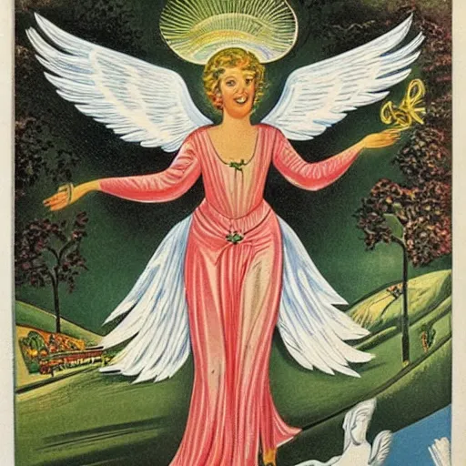 Image similar to the angel of love and prosperity, showering it's great energy over a 1 9 6 0's white farm house