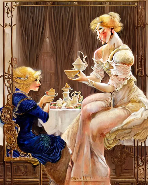 Image similar to Portrait of a blonde lady & a mallard & a pig having tea at the Ritz, real life skin, intricate, elegant, highly detailed, artstation, concept art, smooth, sharp focus, art by artgerm and greg rutkowski and alphonse mucha